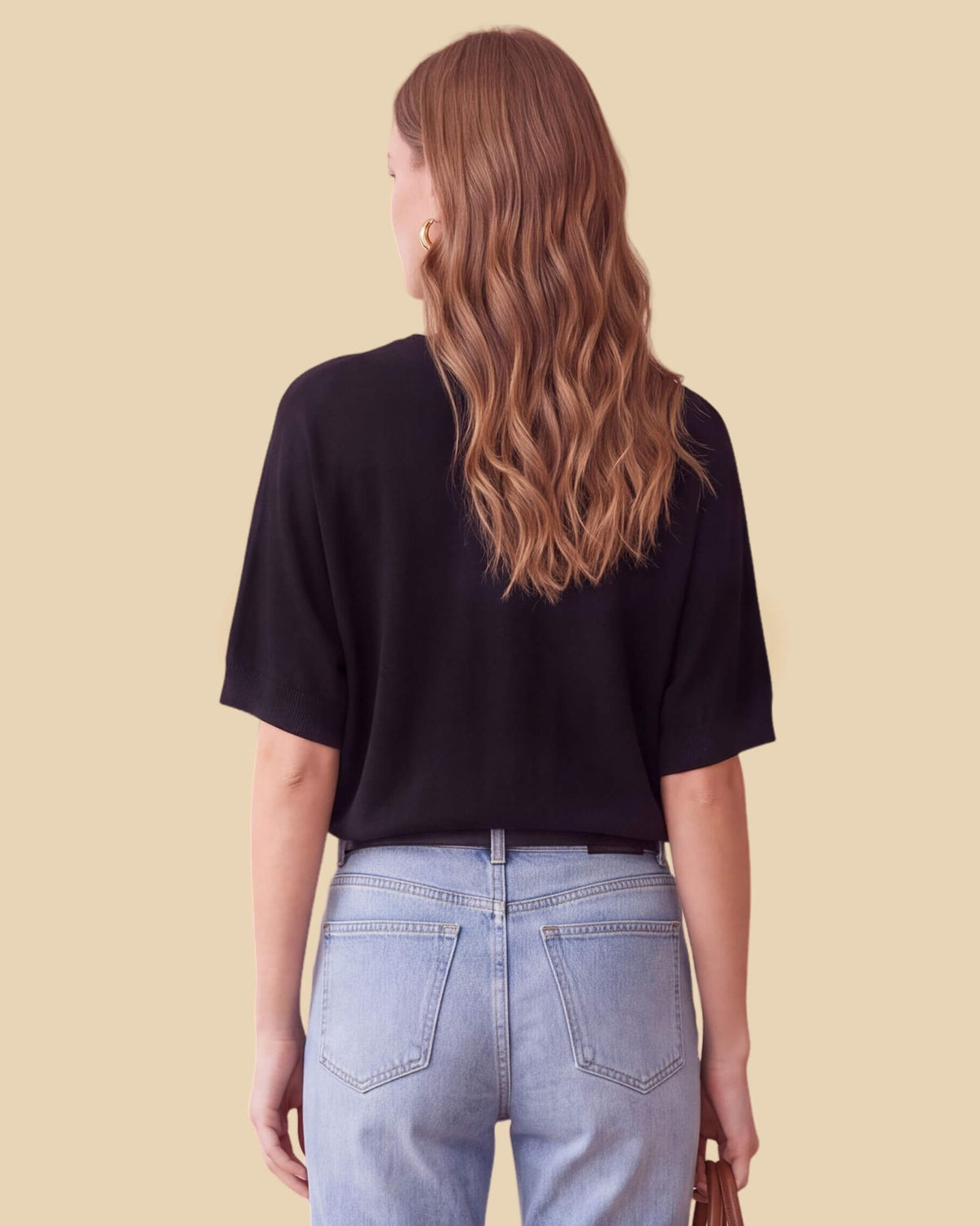 MoliSilk women's black merino wool short sleeve crew neck sweater, back view