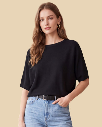 MoliSilk women's black merino wool short sleeve crew neck sweater, front view