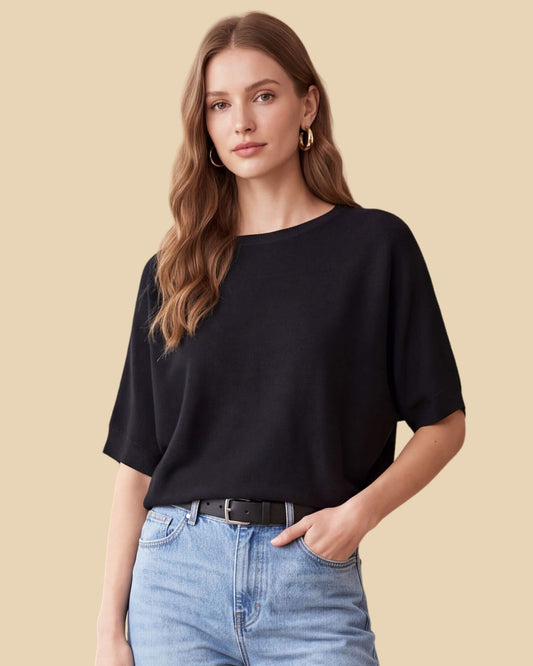 MoliSilk women's black merino wool short sleeve crew neck sweater, front view