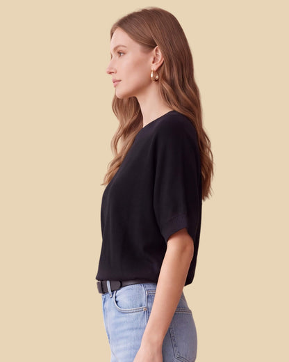 MoliSilk women's black merino wool short sleeve crew neck sweater, side view