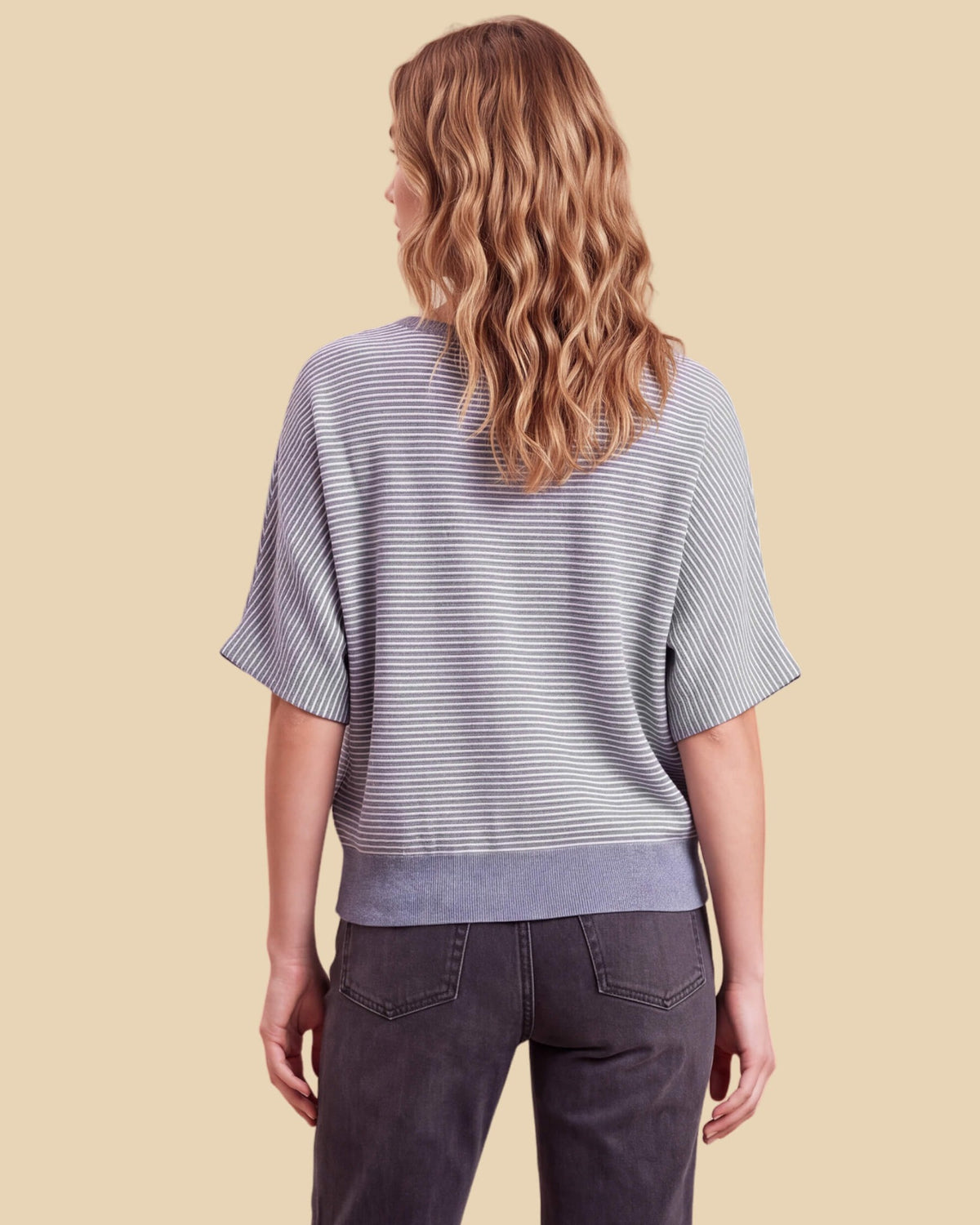 MoliSilk women's blue-and-white striped merino wool short sleeve crew neck sweater, back view