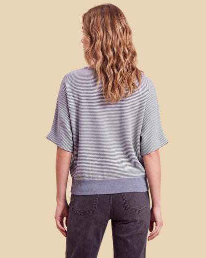 MoliSilk women's blue-and-white striped merino wool short sleeve crew neck sweater, back view