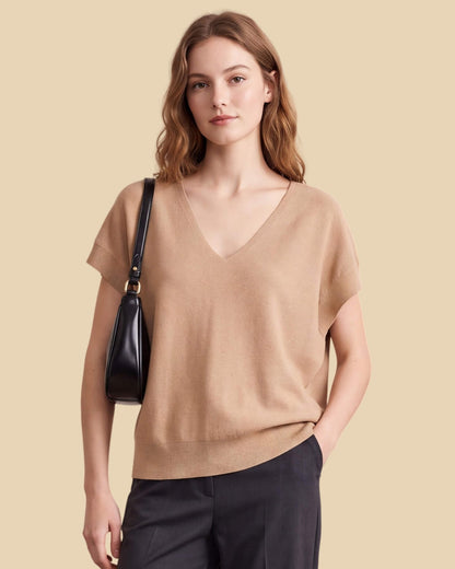 MoliSilk women's merino wool V-neck cap sleeve sweater in apricot, front view