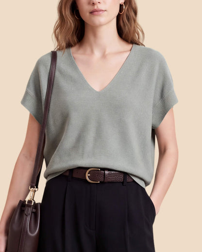 MoliSilk women's merino wool V-neck cap sleeve sweater in grass green, V-neckline and knit detail close-up