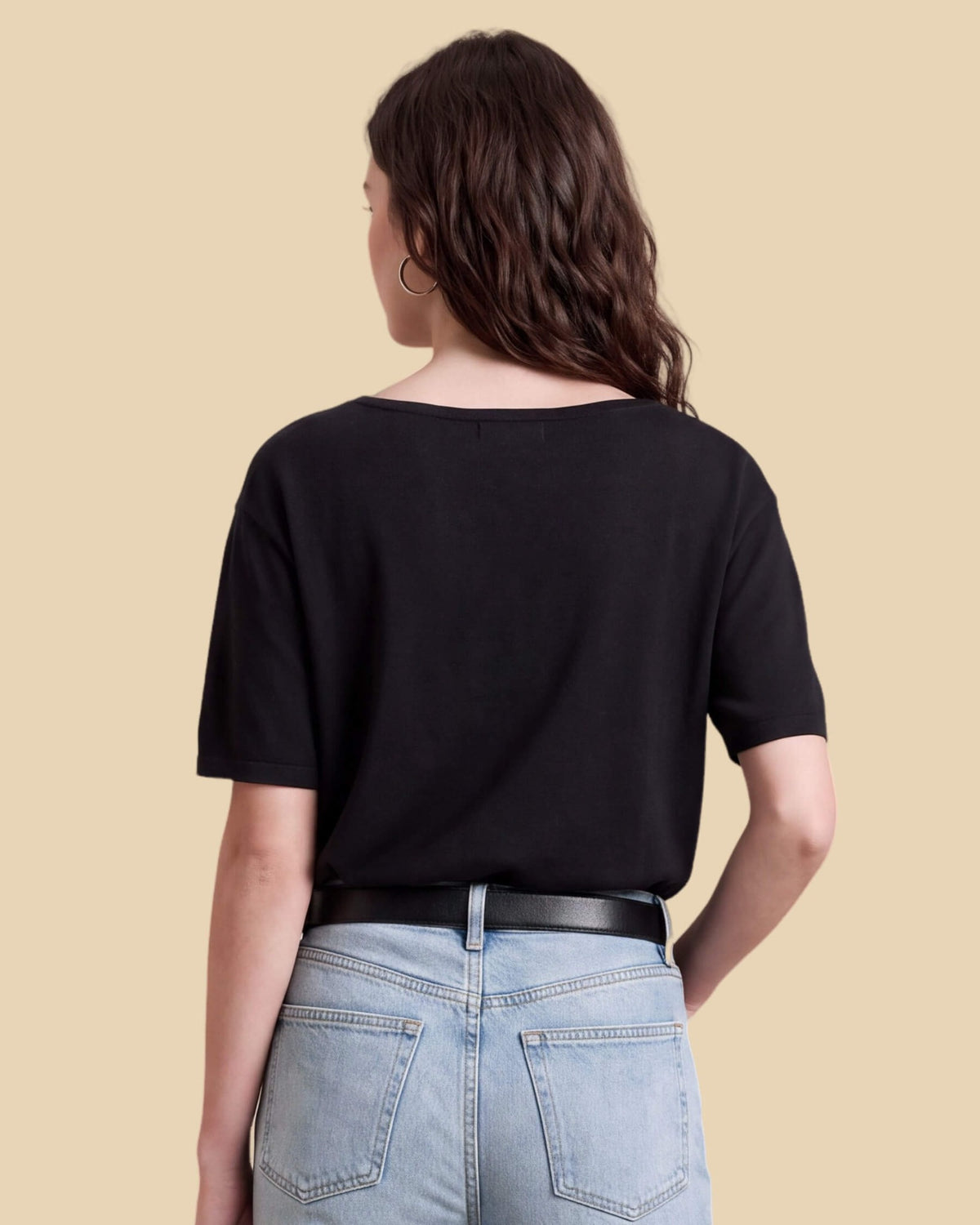 MoliSilk women's short sleeve crew neck sweater in black, back view