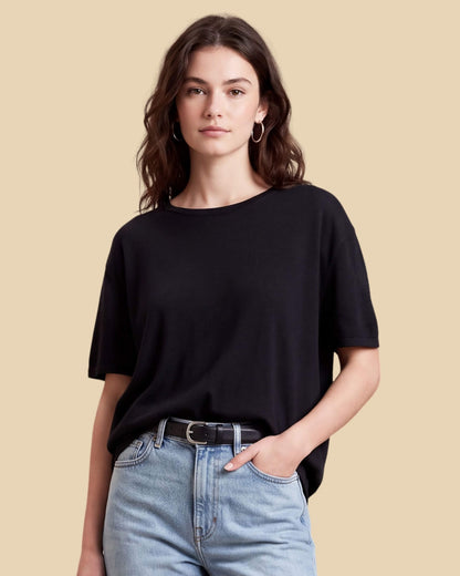 MoliSilk women's short sleeve crew neck sweater in black, front view