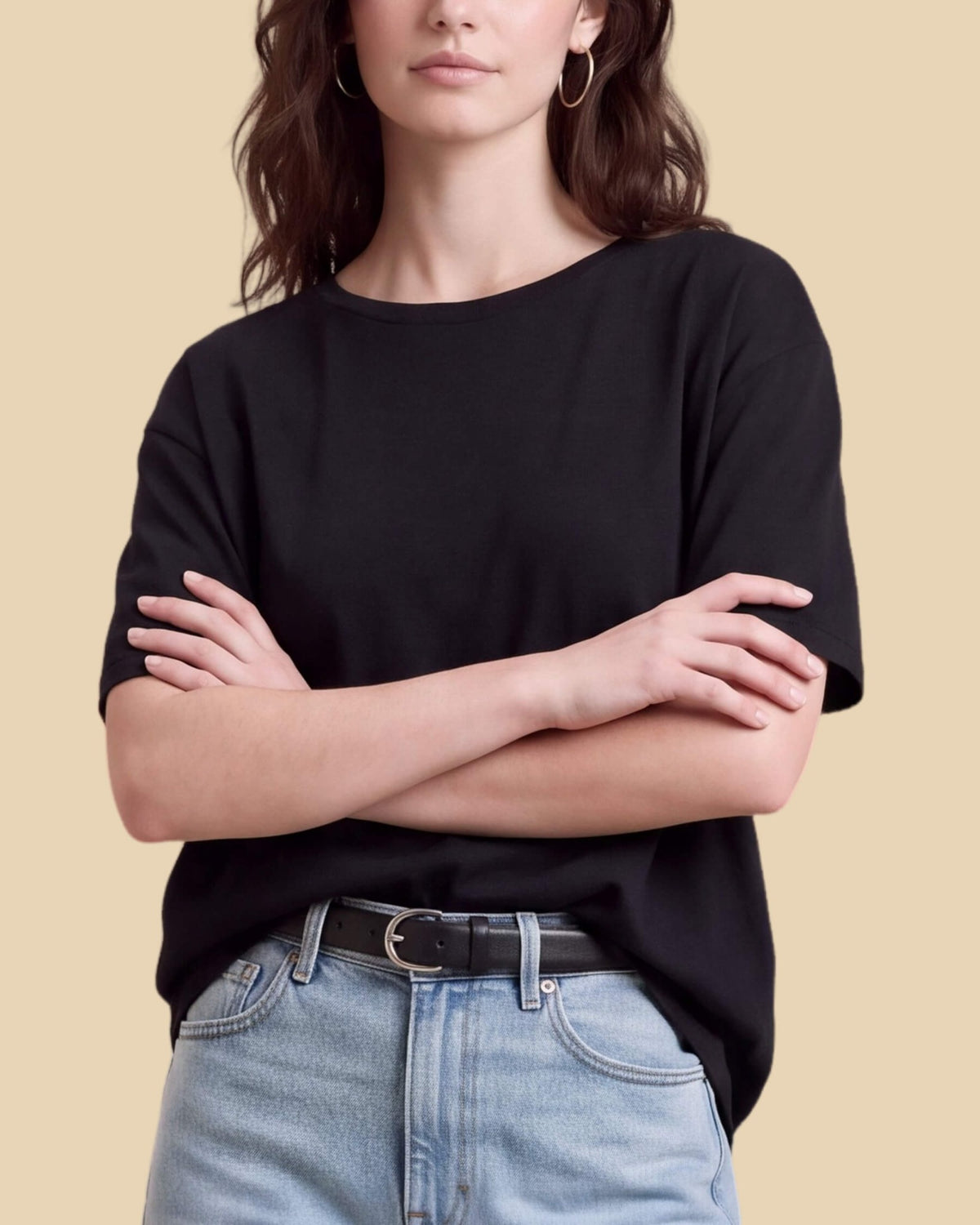 MoliSilk women's short sleeve crew neck sweater in black, crew neckline and sleeve detail close-up