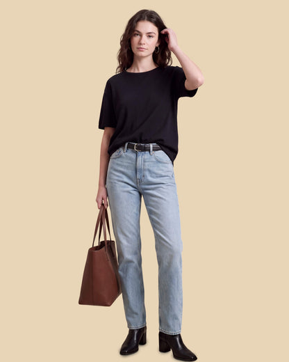 MoliSilk women's short sleeve crew neck sweater in black, full outfit
