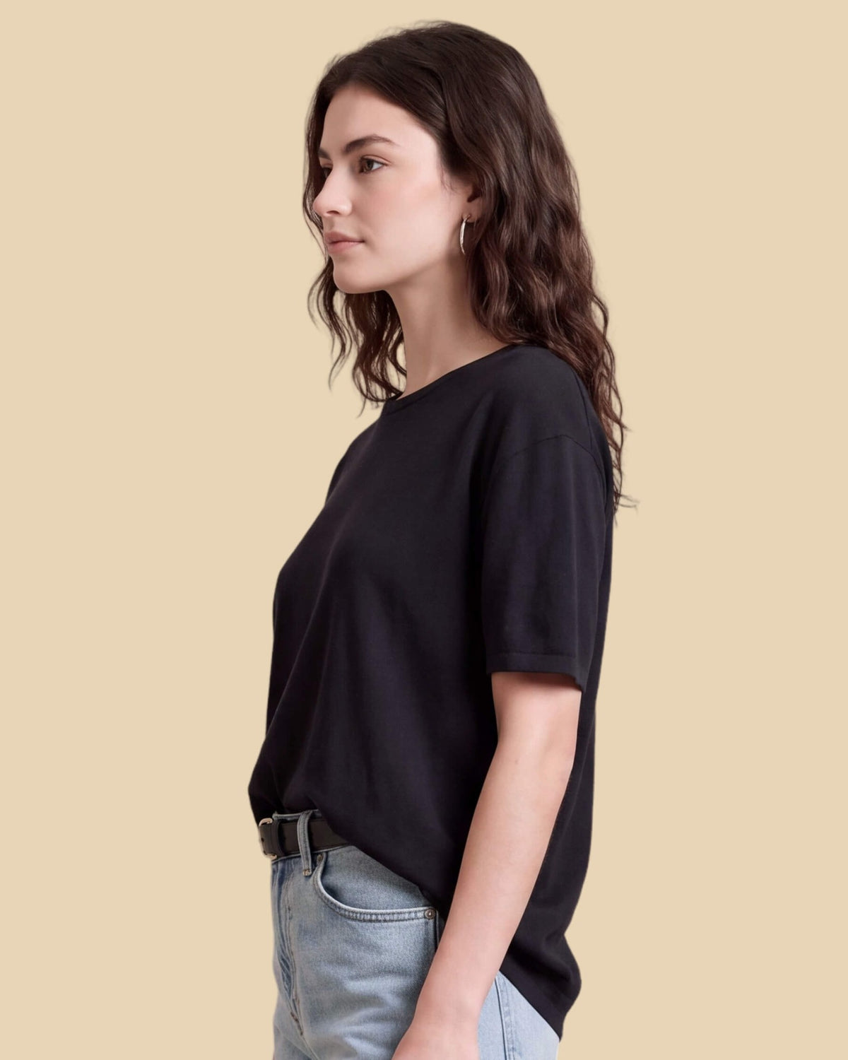 MoliSilk women's short sleeve crew neck sweater in black, side view