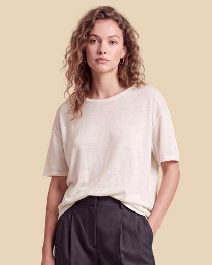 MoliSilk women's short sleeve crew neck sweater in off-white, front view