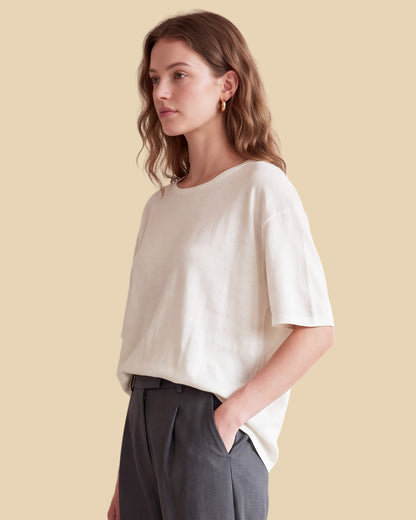 MoliSilk women's short sleeve crew neck sweater in off-white, side view