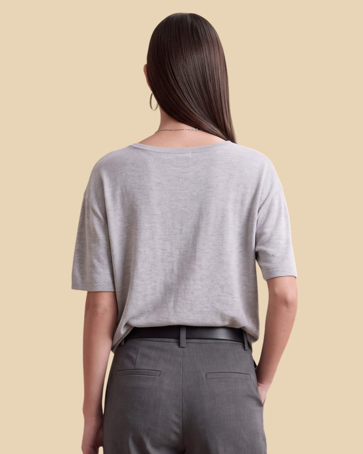 MoliSilk women's short sleeve crew neck sweater in light gray, back view