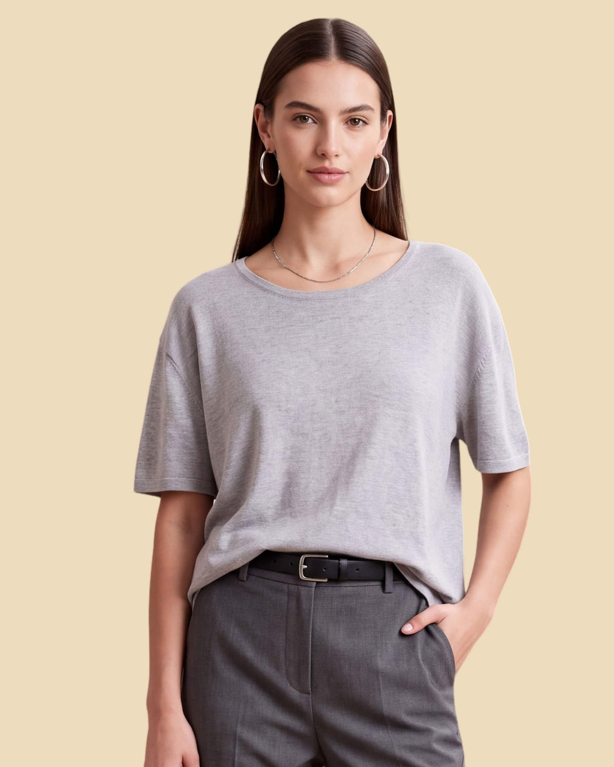 MoliSilk women's short sleeve crew neck sweater in light gray, front view