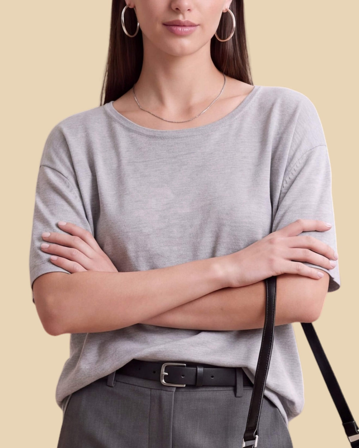 MoliSilk women's short sleeve crew neck sweater in light gray, crew neckline and sleeve detail close-up