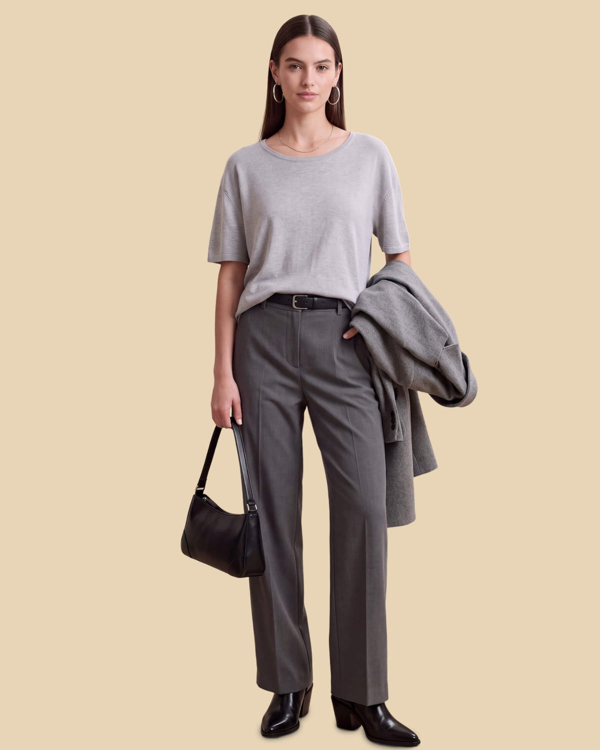 MoliSilk women's short sleeve crew neck sweater in light gray, full outfit