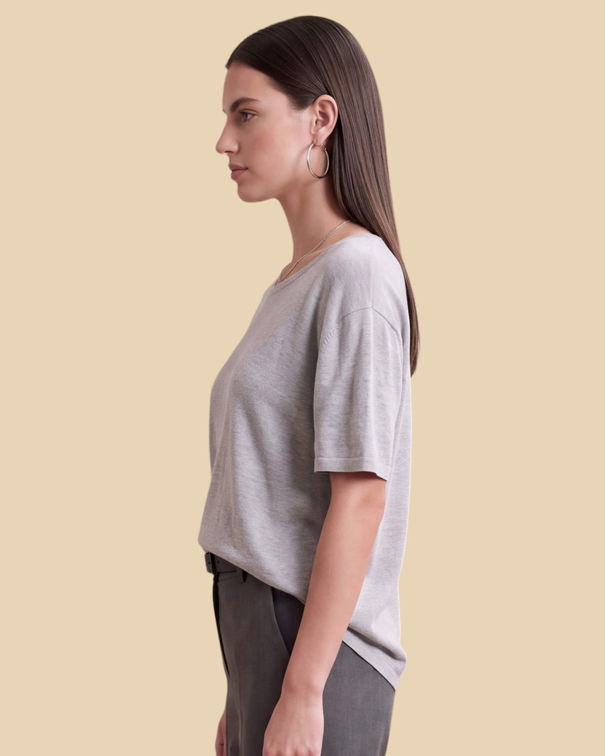 MoliSilk women's short sleeve crew neck sweater in light gray, side view
