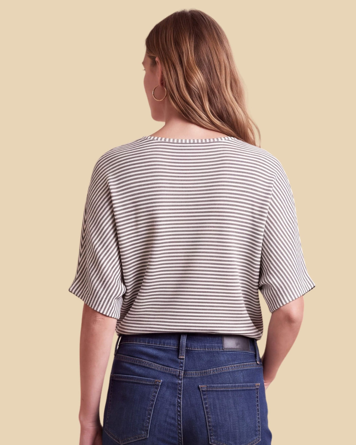 MoliSilk women's blue-and-white striped wool V-neck short sleeve sweater, back view