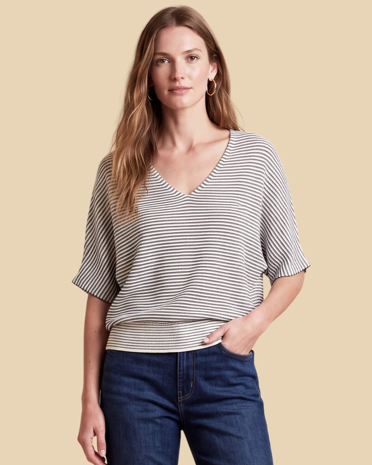 MoliSilk women's blue-and-white striped wool V-neck short sleeve sweater, front view
