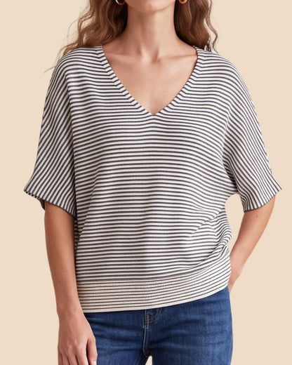 MoliSilk women's blue-and-white striped wool V-neck short sleeve sweater, V-neckline and striped knit close-up