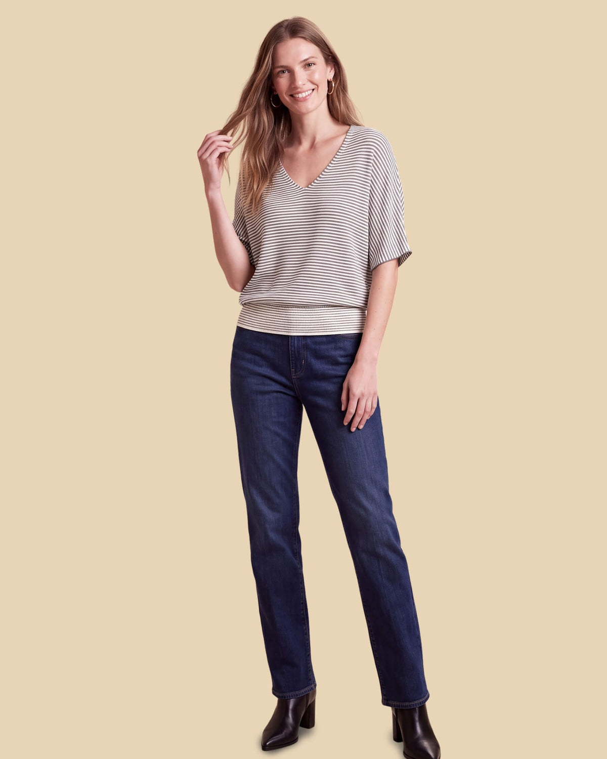 MoliSilk women's blue-and-white striped wool V-neck short sleeve sweater, full outfit with blue jeans