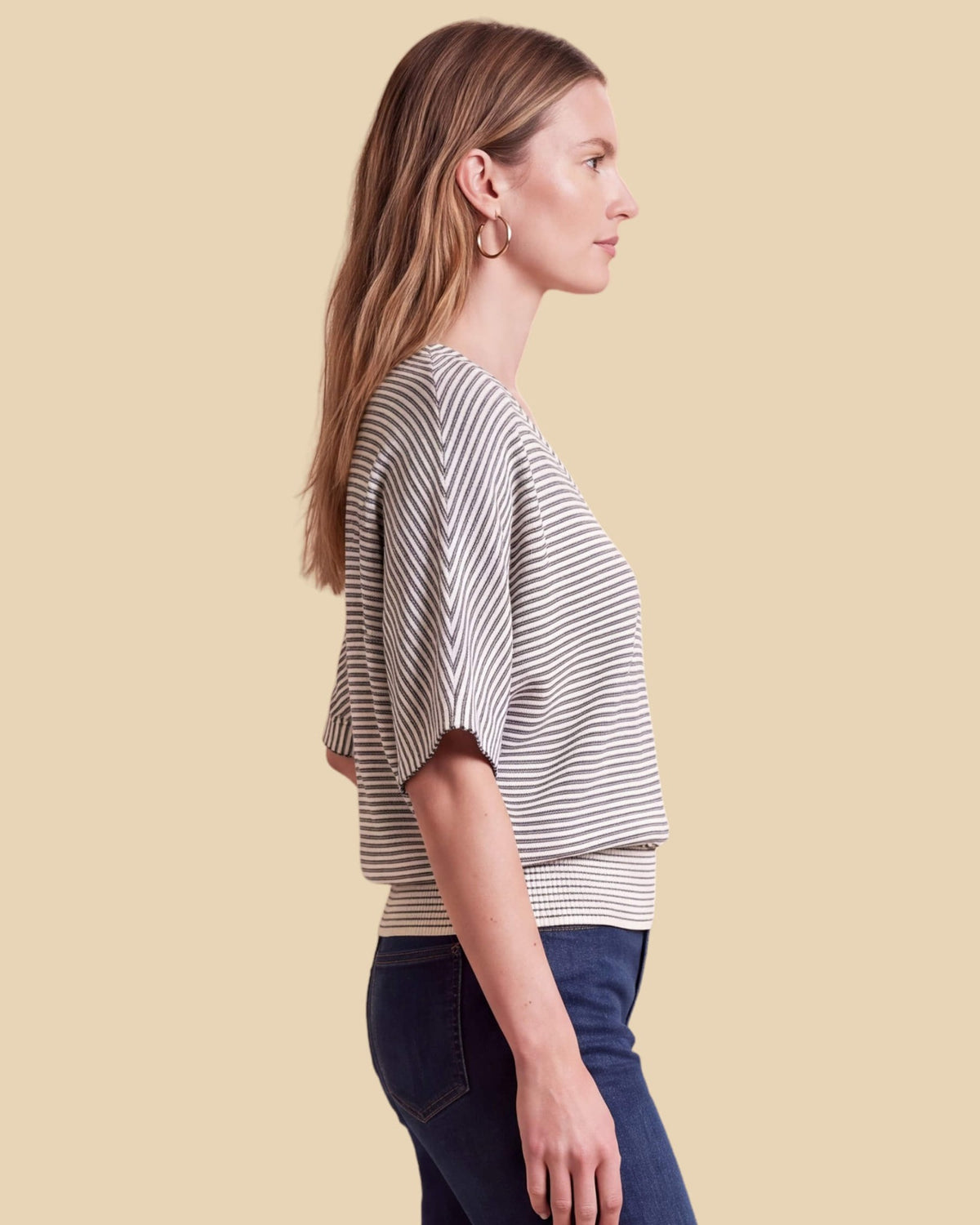 MoliSilk women's blue-and-white striped wool V-neck short sleeve sweater, side view